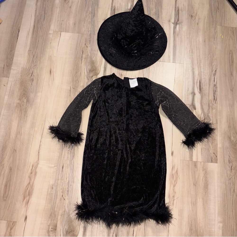 Witch Girls Halloween Costume Small Black Velvet Dress with hat.